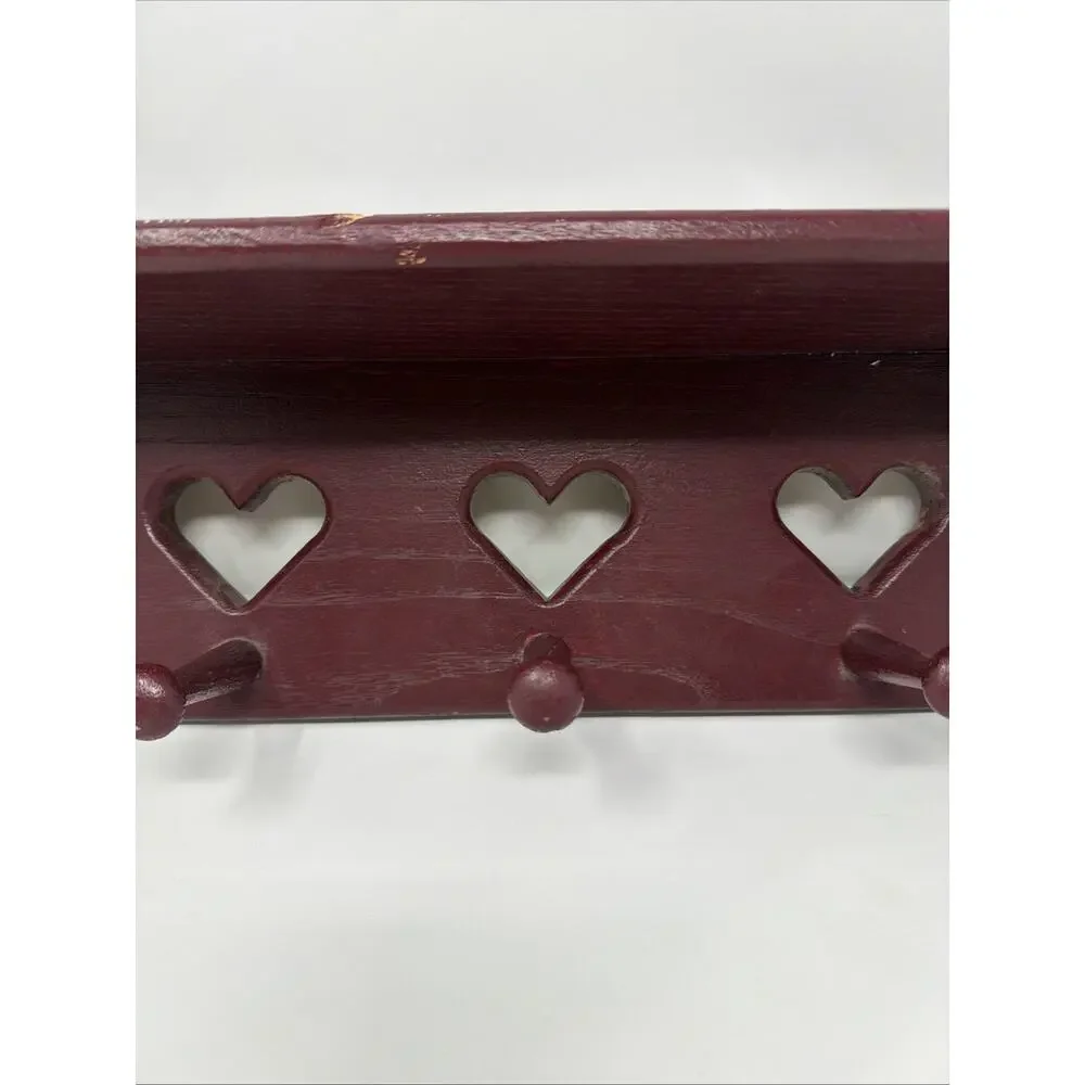 Vintage Plum Solid Wood Heart Cut Out Wall Shelf With 3 Pegs Granny Core 21